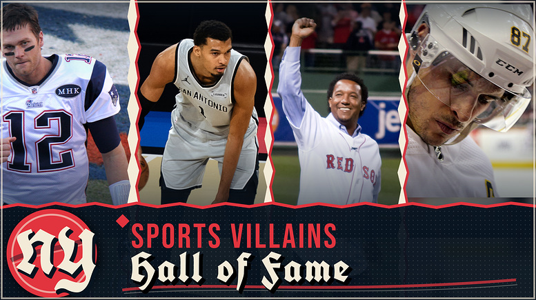 NY Sports Villains Hall of Fame featuring Tom Brady, Victor Wembanyama, Pedro Martínez and Sidney Crosby.